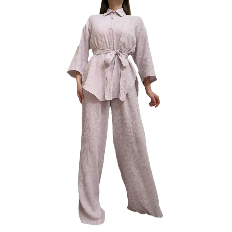 Women's Shirt Summer Thin Pocket Long Sleeve Button Waistband Mop-Up Pants Full Wrap Breathable Loose Trendy Female 2-Piece Sets