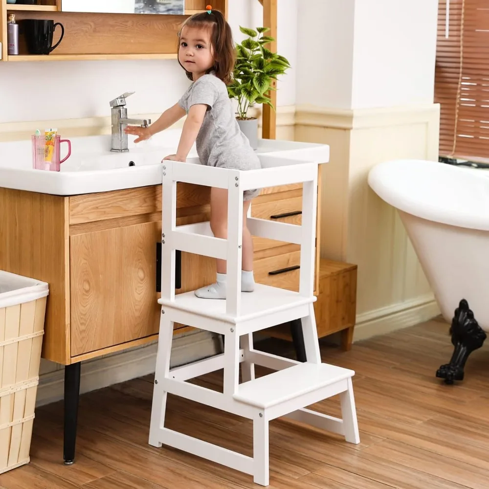 Escabeau de cuisine pour enfants avec rail de sécurité, construction en bois massif, tabouret d'apprentissage pour tout-petits, blanc