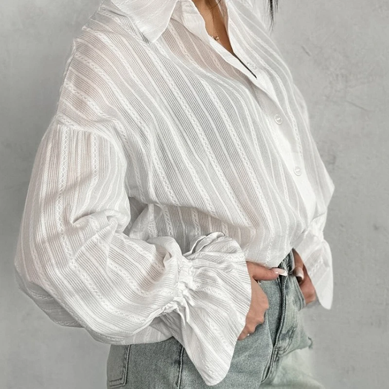 Elegant Women's White Shirt Streetwear Summer and Fall 2025 Fashion Lapel Long Sleeve Pleated Blouse Casual Single Breasted Tops