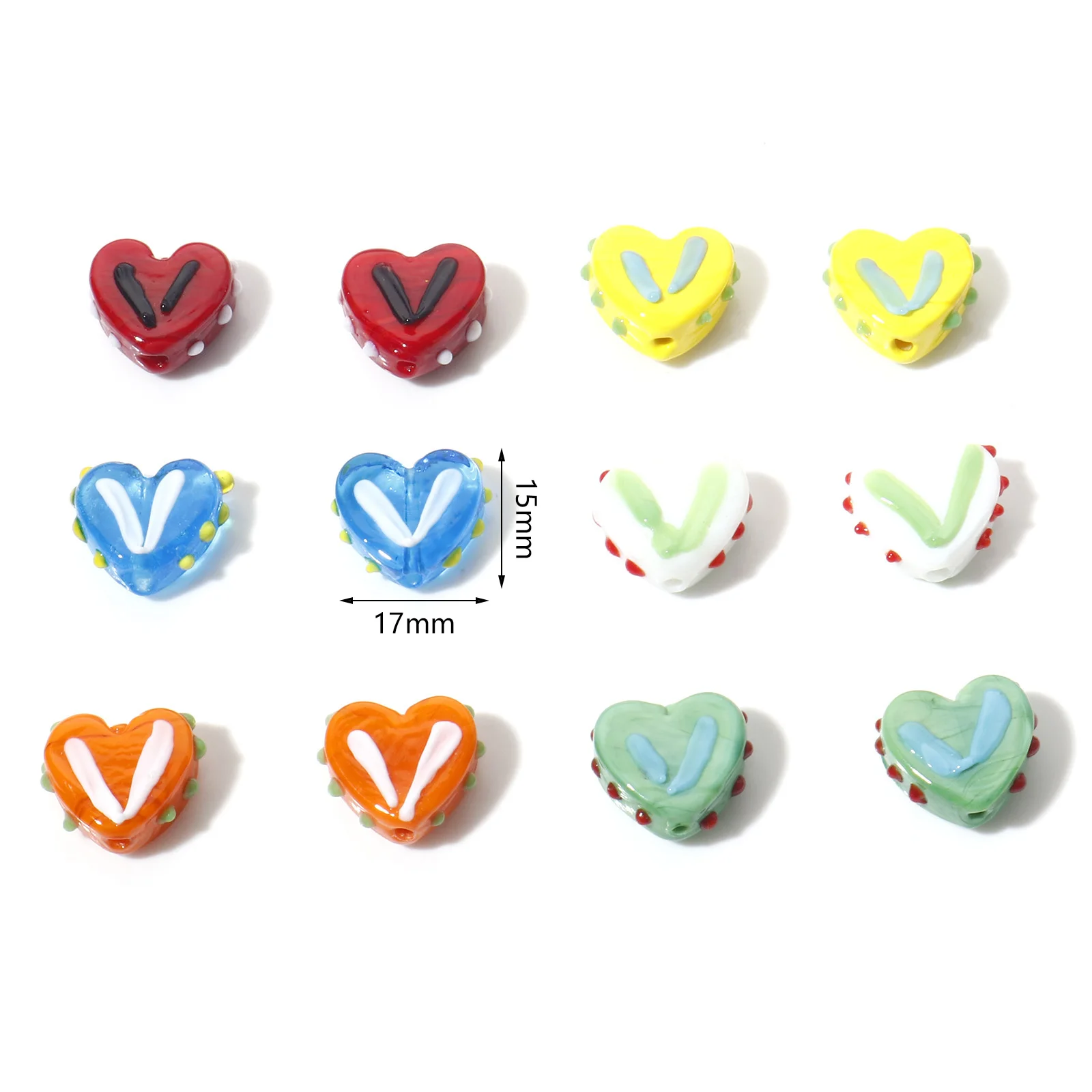 5PCs Lampwork Glass Sweet Beads Heart Multicolor Dot Loose Spacer Beads Valentine\'s Day DIY Jewelry Making About 17mm x 15mm