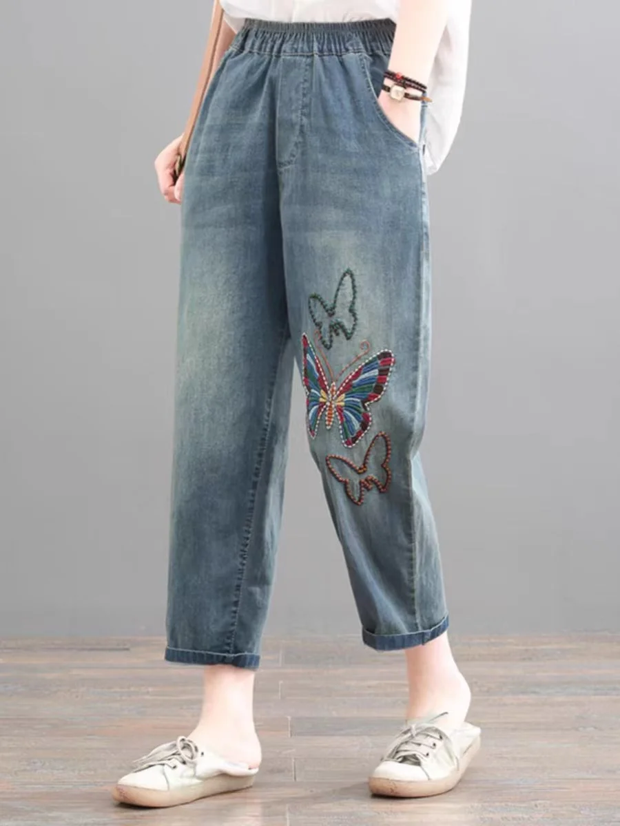 

Утягивающие женские джинсы Harajuku Sle с вышивкой, облегающие синие джинсы с высокой талией, универсальные повседневные летние моиные 2024