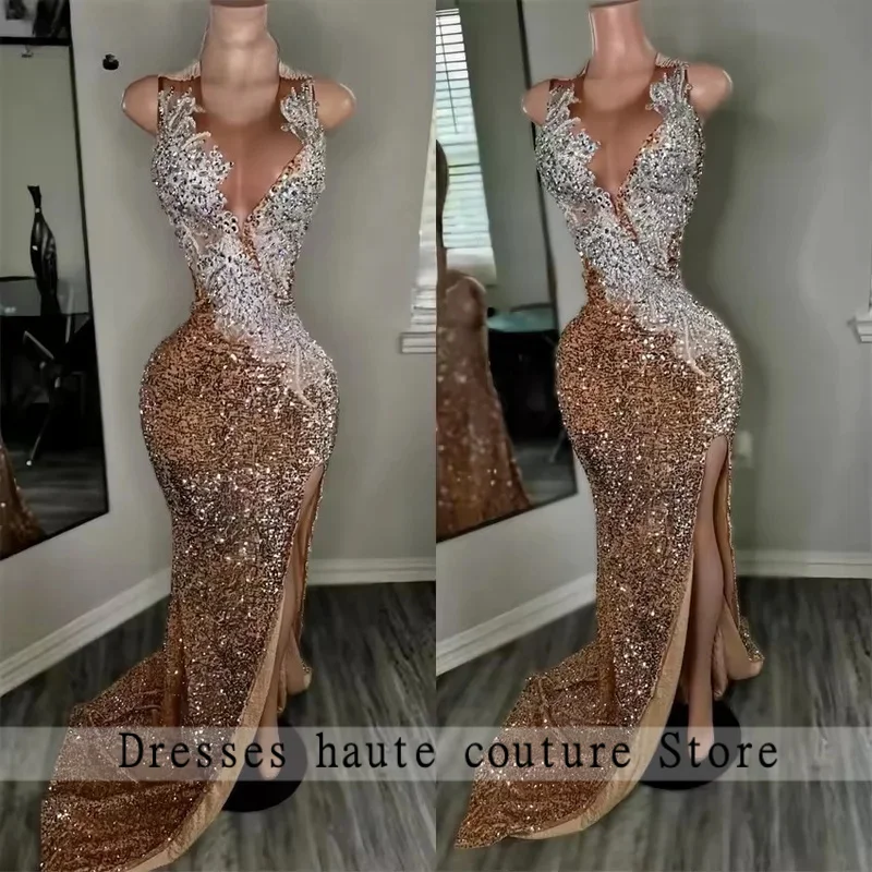 

Luxury Gold Prom Dresses 2025 Glitter Bead Crystals Diamonds Split Wedding Formal Party Gown Birthday Party Gown Customized