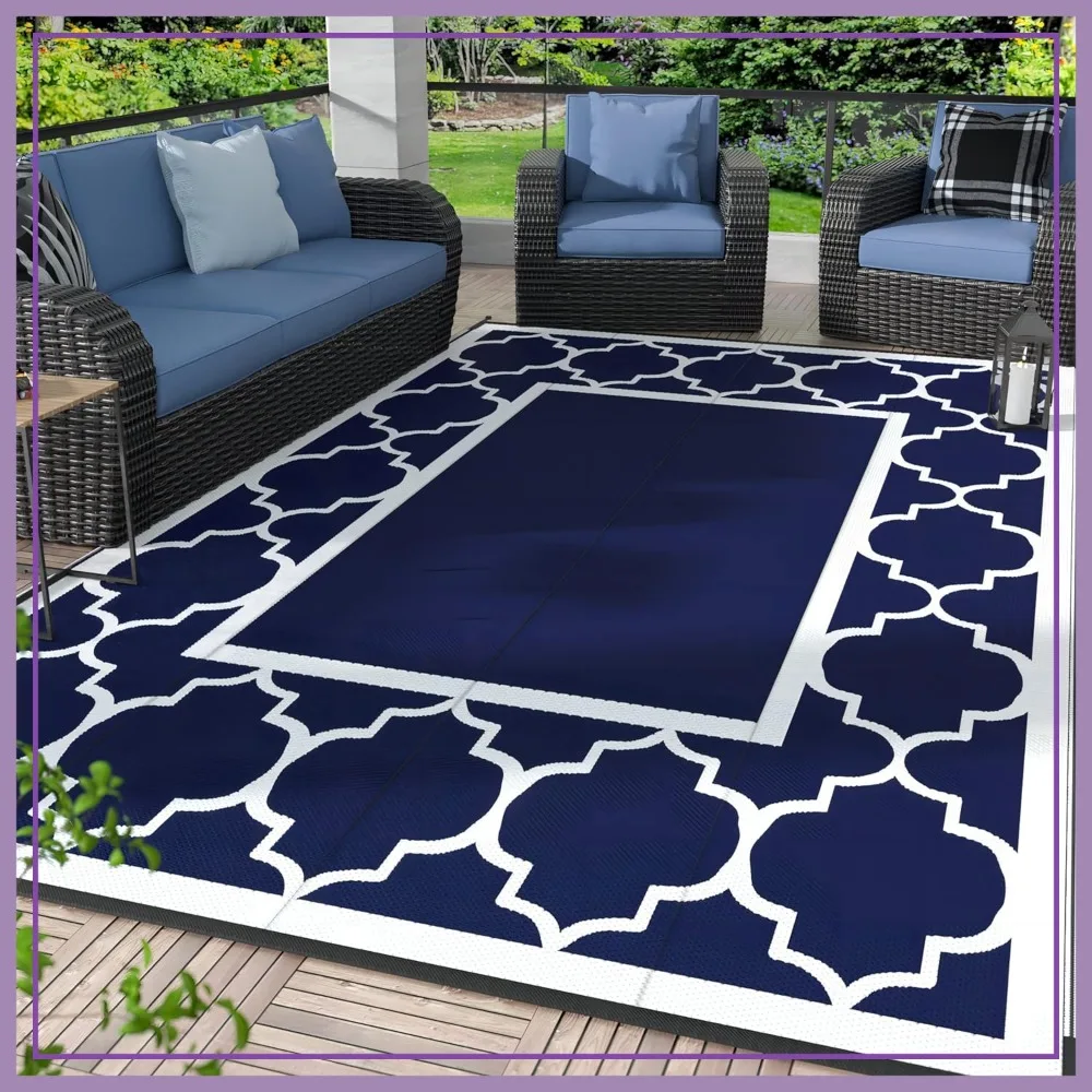 

Waterproof Outdoor Rug 8x10 Patio Carpet Reversible Plastic Straw Mat for Camping RV Deck Porch Picnic Beach Balcony Blue White