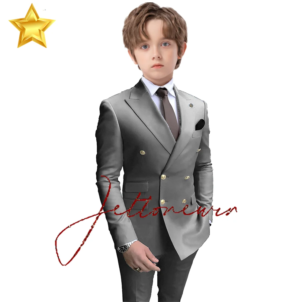 Navy Boy Party Tuxedos 2 Pieces Latest Peak Lapel Boy Suits Gold Buttons Fashion Style Suits Double Breasted