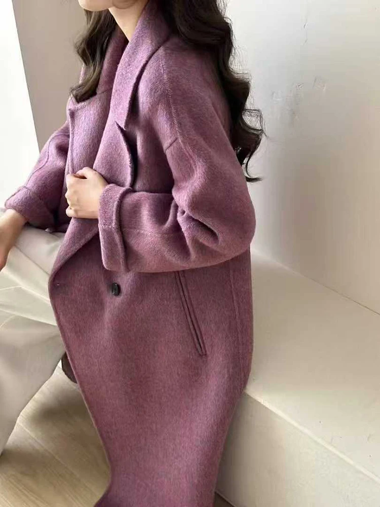 YERMORA Czarny Płaszcz Wełniany z Grubą Klamrą dla Kobiet, Luźny Krój, Długi Rękaw, Nowy Płaszcz Wierzchni, Modny Styl, Jesień Zima 2025