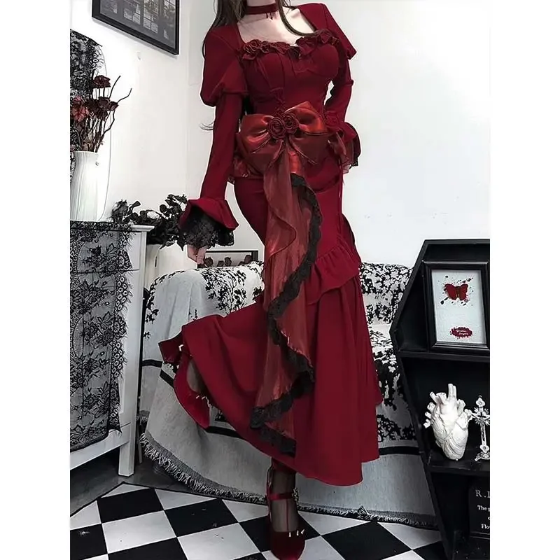 Gothic French Hepburn Style Retro Velvet Dress for Women\'s 2024 New Spring Design Y2K Dark Vintage Punk High Waist Long Dresses