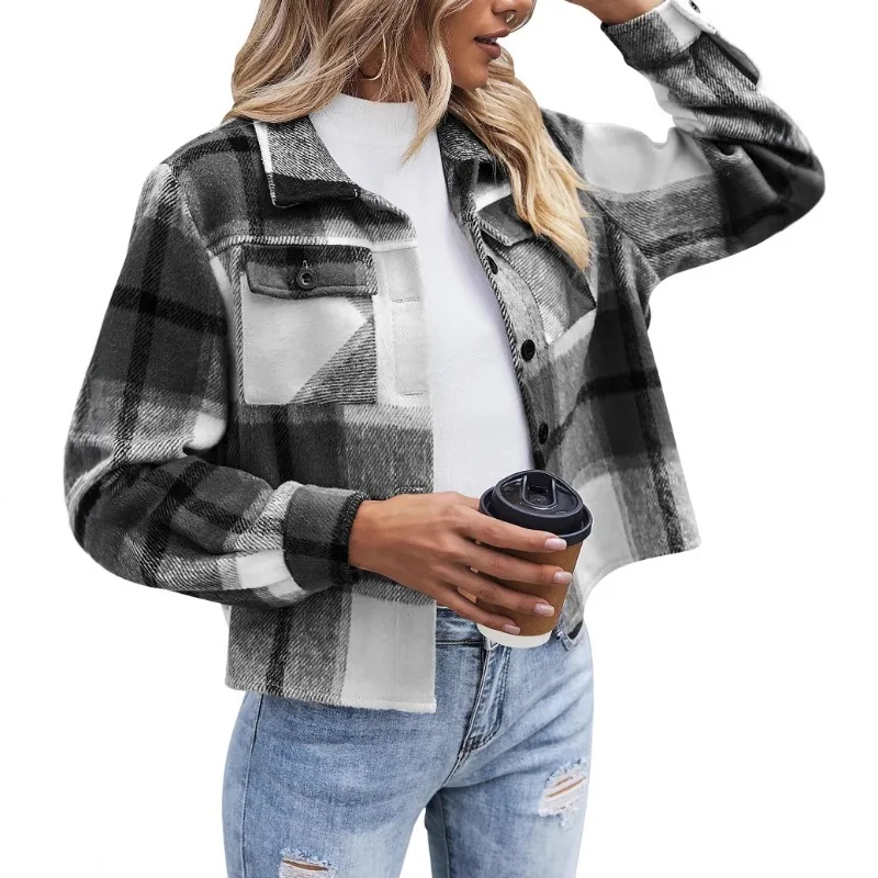 Women's Fall and Winter Jacket Tops Women's Flannel Short Jacket Plaid Button Shirt