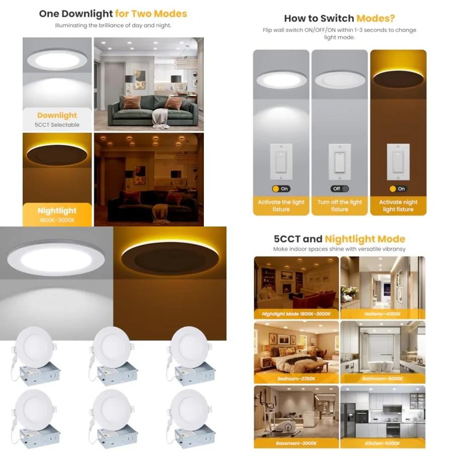 4 Inch Recessed Ceiling Light - with Night Light, 2700K/3000K/4000K/5000K/6000K Selectable, 9W+3W Ultra-Thin LED Recessed Light