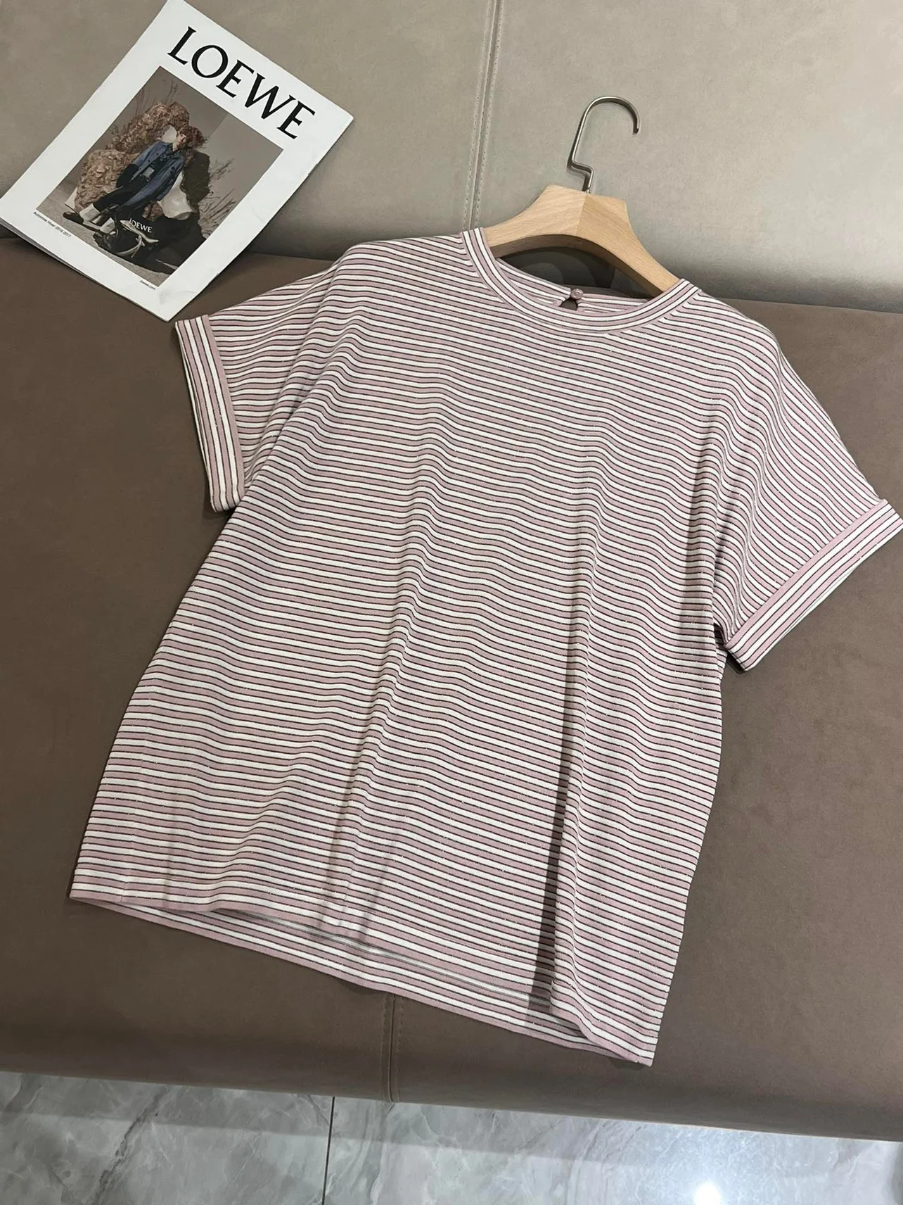 Classic striped silk cotton blend casual loose short sleeved T-shirt