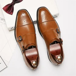 Brogue Men's Monk Strap Formal Shoes Genuine Leather Handmade Double Buckles Wingtip Toe Wedding Business Dress Shoes for Men