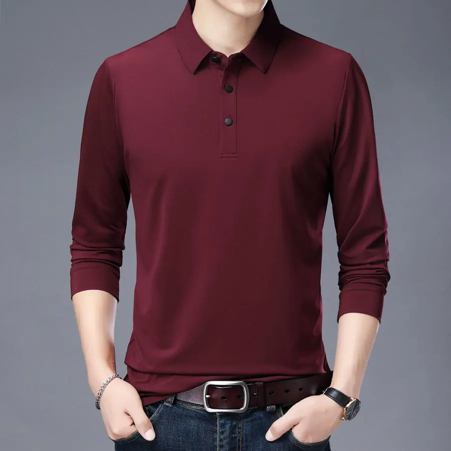 

2022 Autumn Men Casual Cosy Polo Shirts Blue Wine Red Dark Green Black Pink White Long Sleeve Turn Down Collar Plain Colour Tops