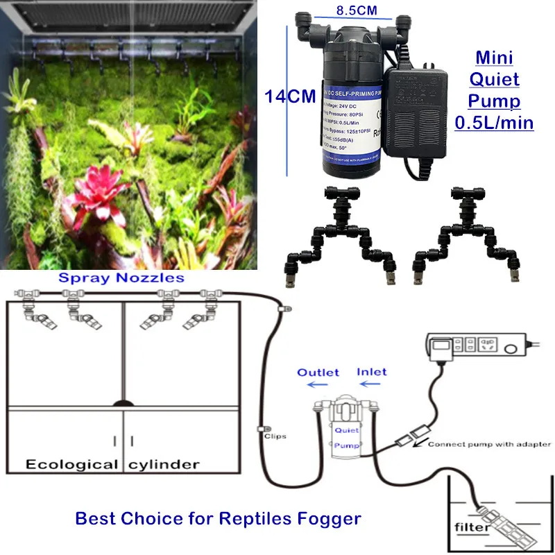 A89 Mini quiet water pump with 2-head reptiles fogger slip lock 6mm fine fog nozzles for ecological cylinder mist cooling system