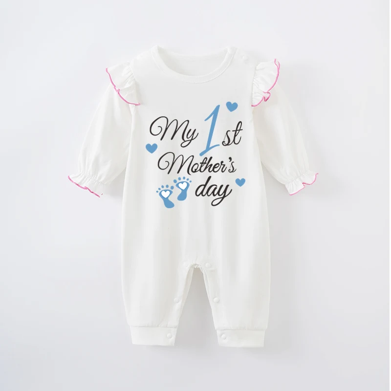 Mother's Day Newborn Baby Girl White Jumpsuit Costume Romper Onesie Boy Long Sleeve 100% Cotton Print Clothes Spring and Autumn