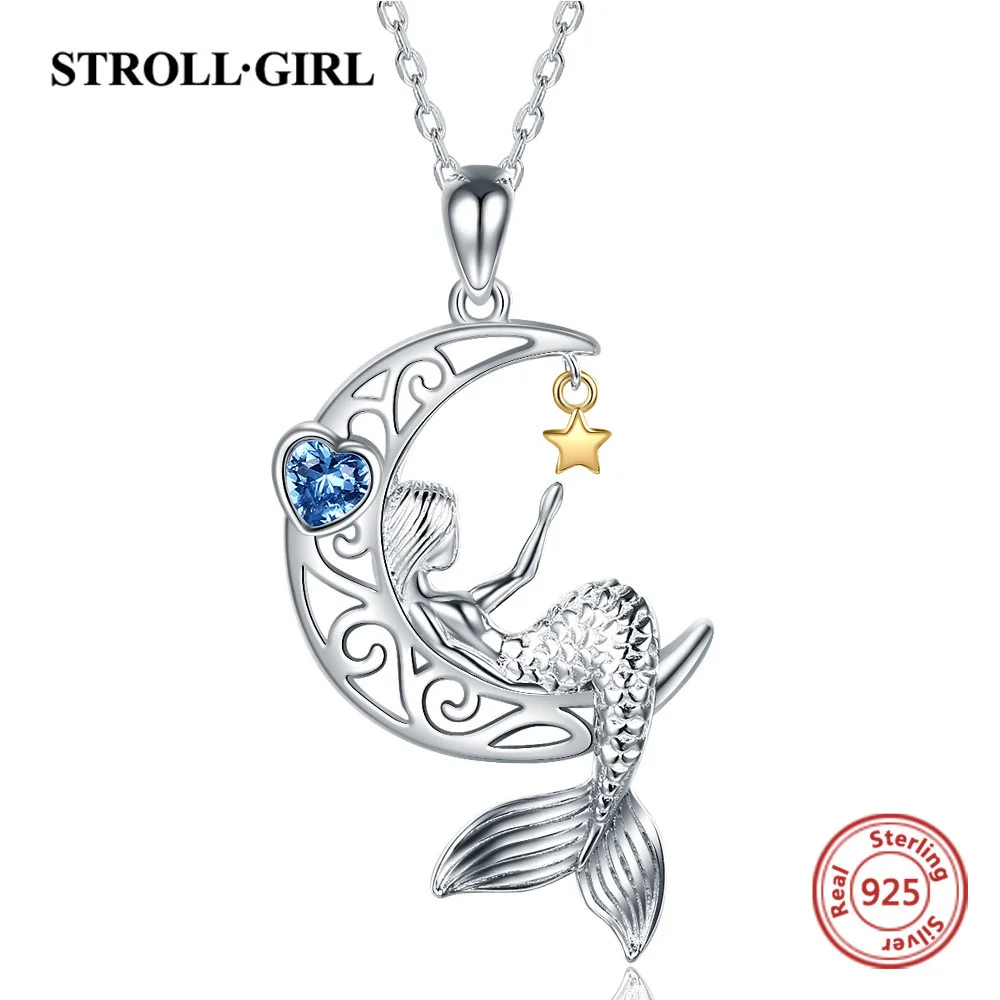 Strollgirl New 925 Sterling silver beautiful Mermaid pendant chain zircon moon star necklace for Women Fashion Jewelry free ship