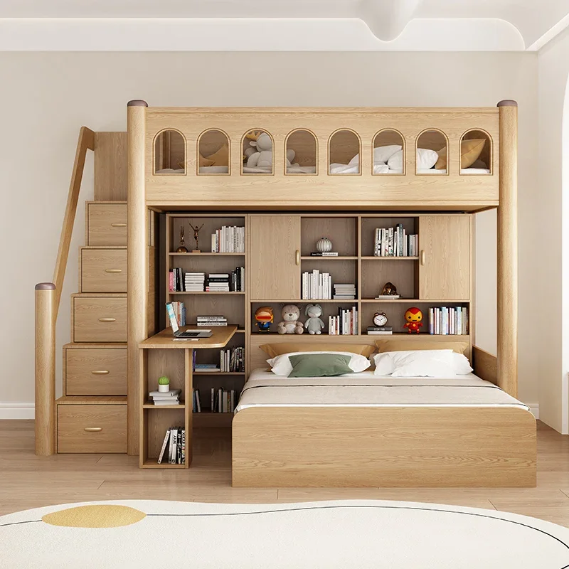 Solid wood staggered bed children's desk wardrobe integrated high-low bed small-sized mother-child bed with wooden bed.