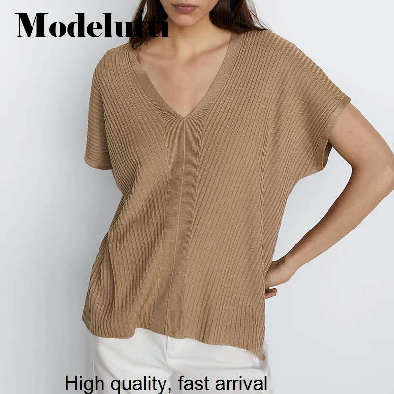 

New Spring 2023 Summer Fashion Short Sleeve V-neck Ribbing Knitted Sweater Women Solid Color Simple Casual Tops Female