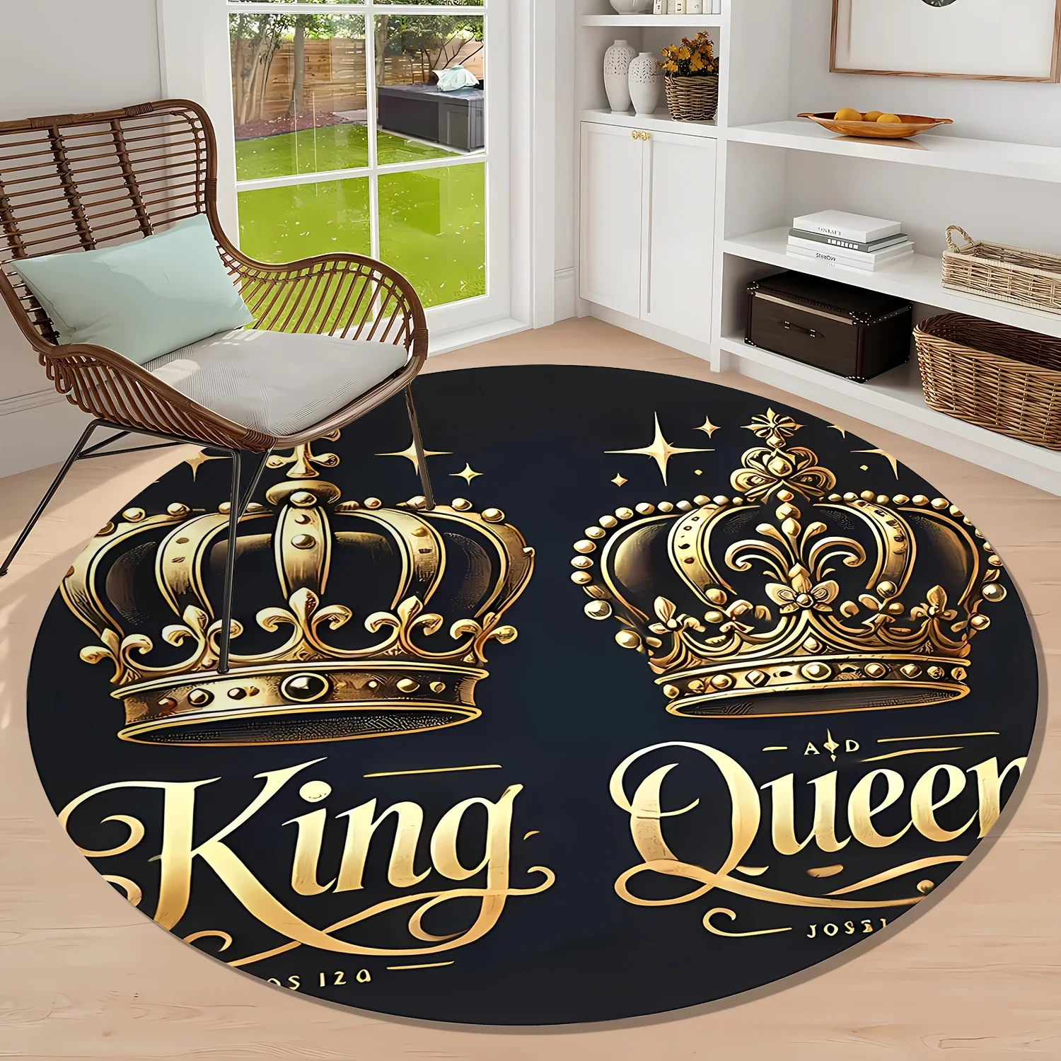 King Queen Crown Round Rug, Washable Indoor Outdoor Mat for Living Room, Bedroom, Patio Garden Decor, Royal Themed Carpet