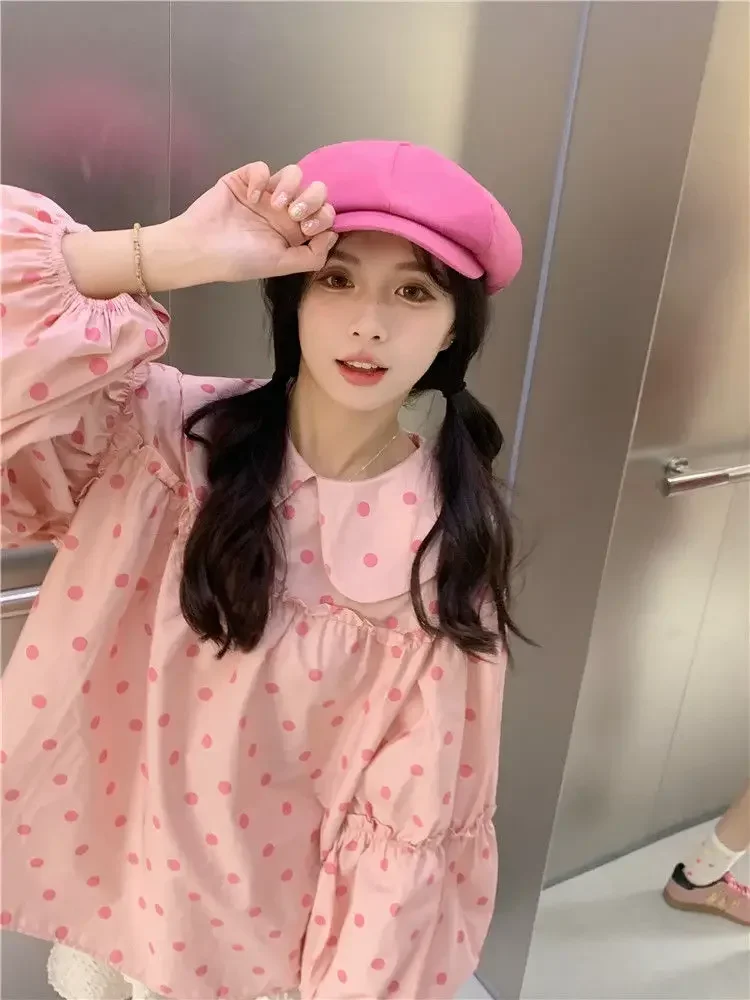 

Sweet Bow Polka Dot Long Sleeve Shirt Women Autumn Loose Peter Pan Collar Patchwork Fungus Tops Ins Fashion Blouse