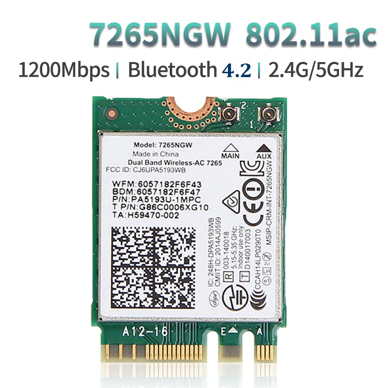 

7265AC 7265NGW WiFi Card Dual Band 2.4G/5GHz 300Mbps + 867Mbps NGFF M.2 802.11AC