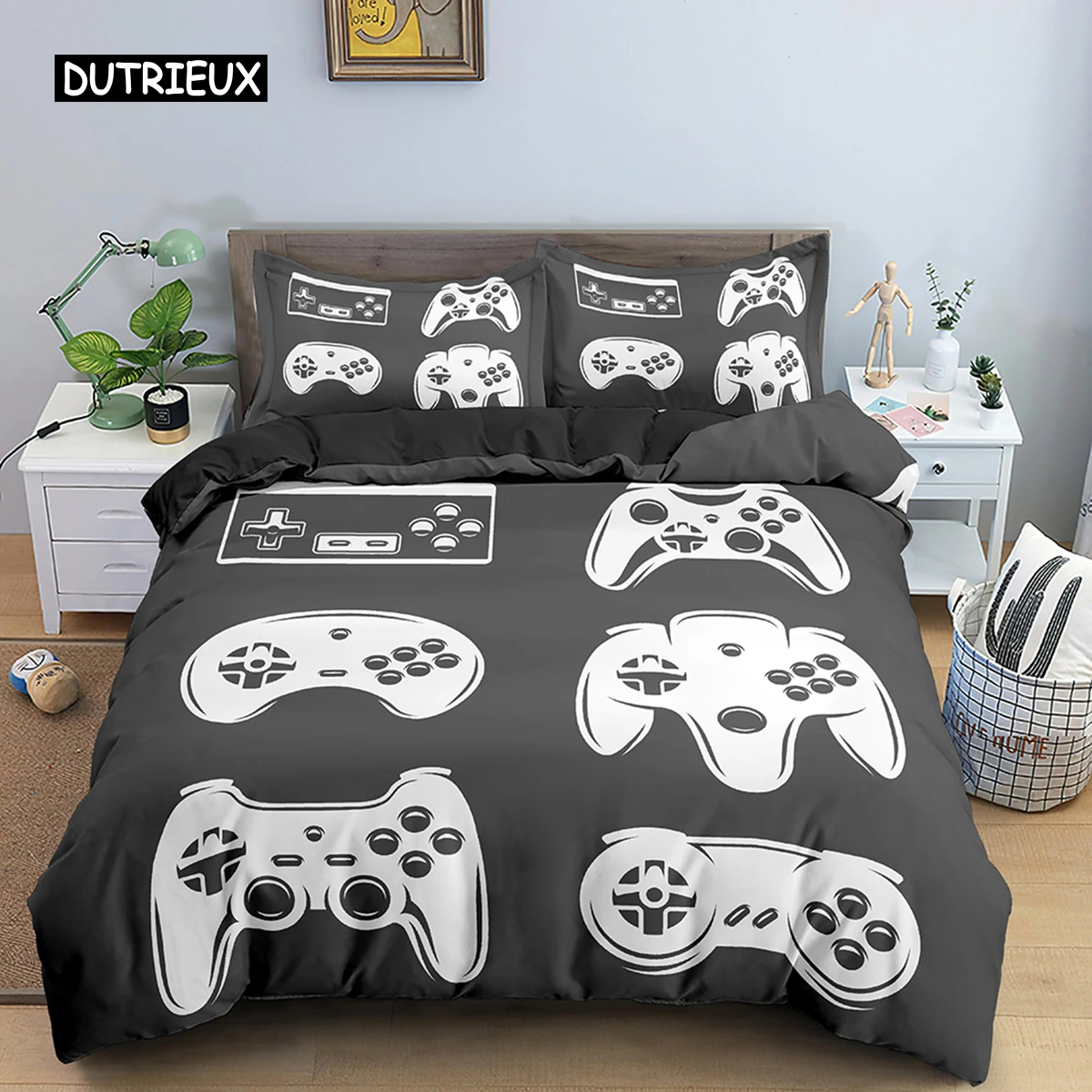 Teens Video Games Comforter Duvet Cover King Gamepad Controller Bedding Set for Kids Boys Girls Youth Game Polyester Bedding Set