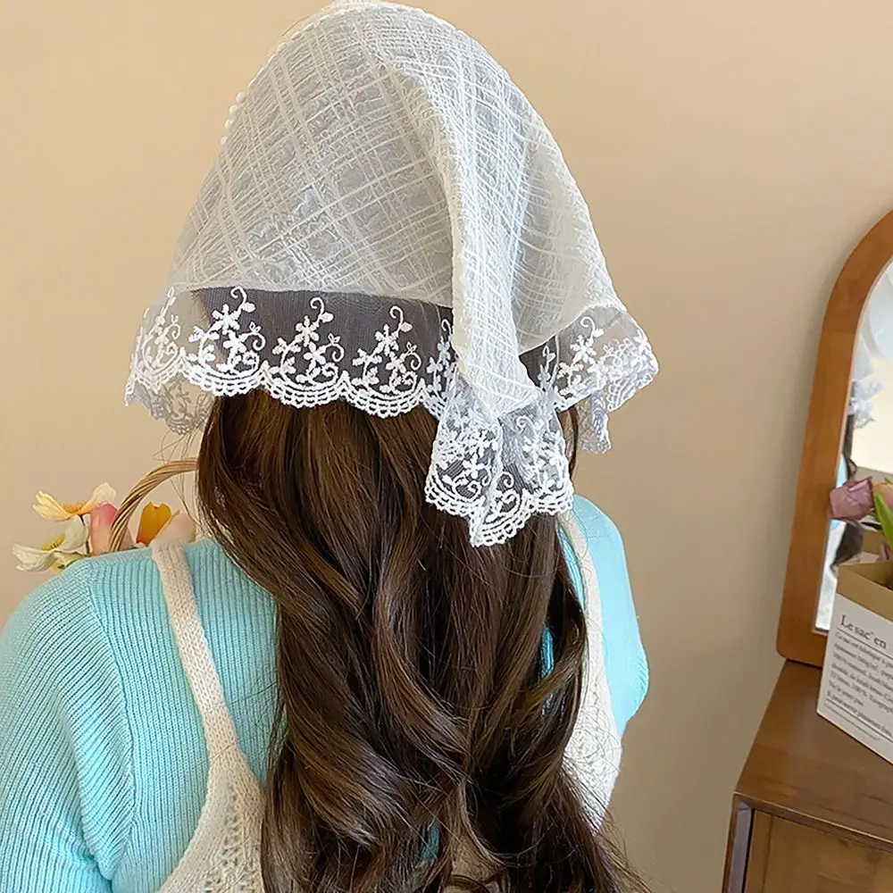 Gentle Lace Headscarf French Pastoral Style Triangular Headband Towel Sun Protection Fringe Headband Women