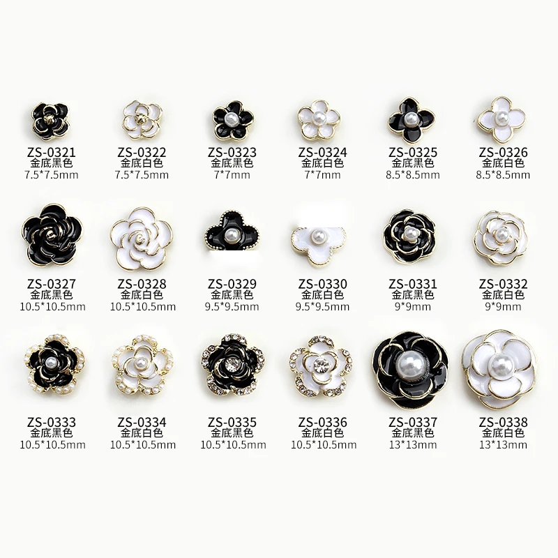 10PCS Glossy White Black Dimaonds Pearls Gold Edge Camellia Rose Flowers Metal Nail Art Rhinestones Jewelry Manicure Decorations