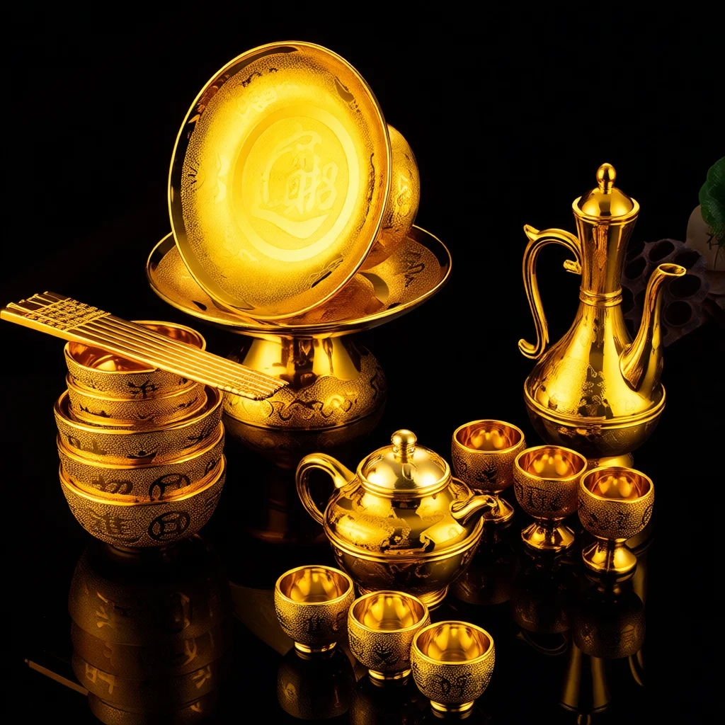 Golden Plastic Offering Set Religious Home Decor Worship Fruit Tray Bowl Wine Server Tea Pot Ornament Lucky Tableware