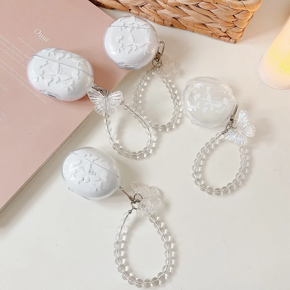 Cute Butterfly Funda for Huawei Freebuds Pro Case Soft Clear Earphone Accessorie Cover Freebuds 5i 4i 4 Case Pendant Pearl Chain