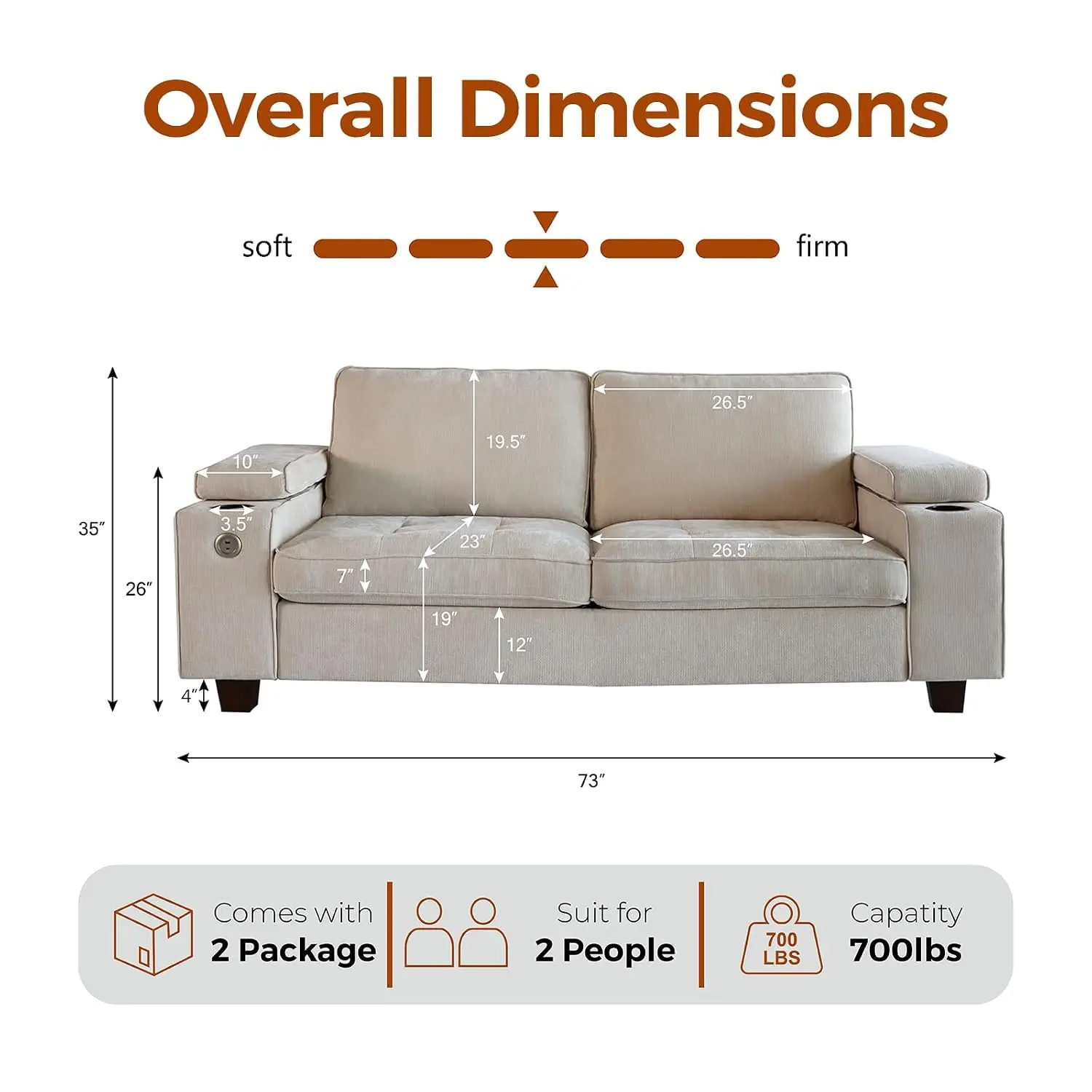 Deep Seat Sofa with Storage Adjustable Armrest Cup Holders USB & Type-C Ports for Living Room & Small Spaces Beige, Customized