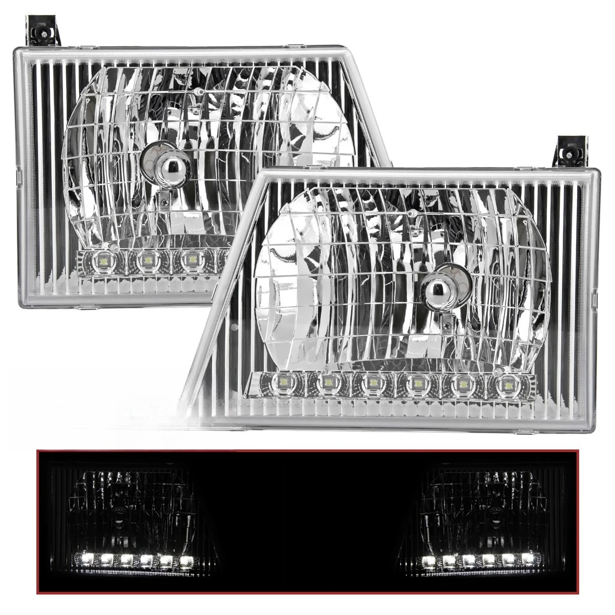 

Headlights Fits 1992-2006 E150 E250 E350 E450 Econoline LED Strip Clear 92-06
