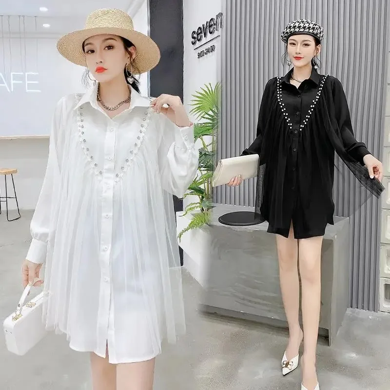 

2024 Summer NEW Fashion Shirt Female Blouse Drilling And Beading Mesh Stitching Long Shirt Single-Breasted Women Shirts Dress