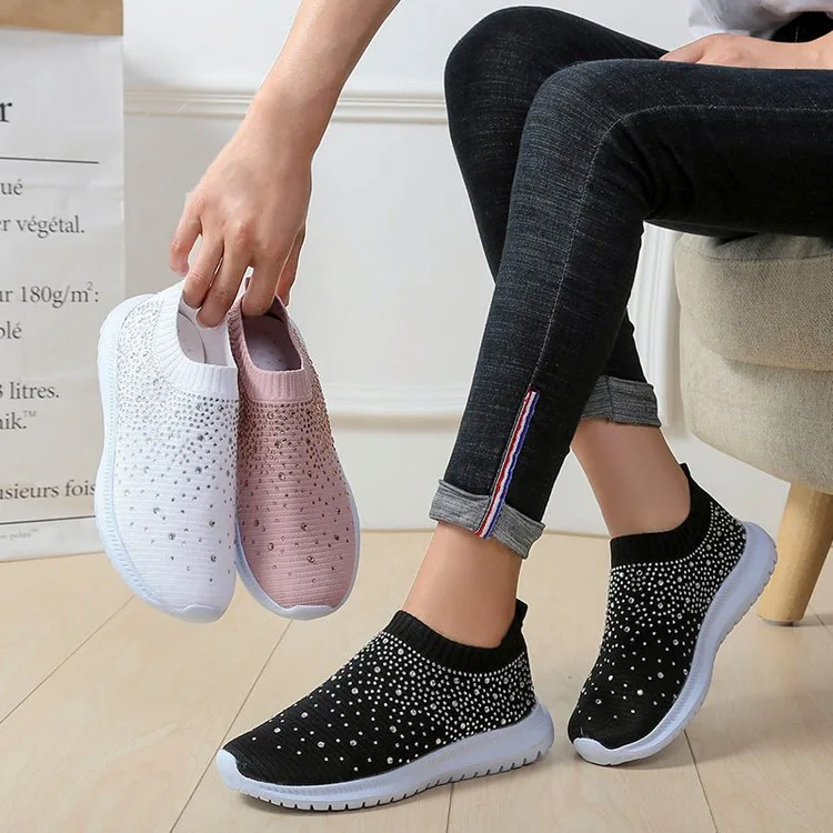 Plus Size 35-44 Crystal Breathable Mesh Sneaker Shoes for Women Comfortable Soft Bottom Flats Non Slip Casual Shoes Women