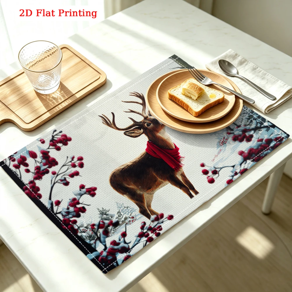 Deer With Red Scarf Berries Kitchen Placemat Coaster Linen Pad Dish Coffee Cup Table Mat 30x40cm Home Decor