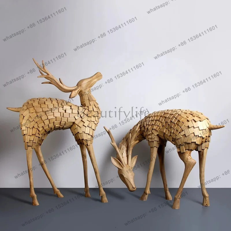 Solid wood sculpture deer ornament floor-to-ceiling indoor large soft decoration wood carving handicrafts