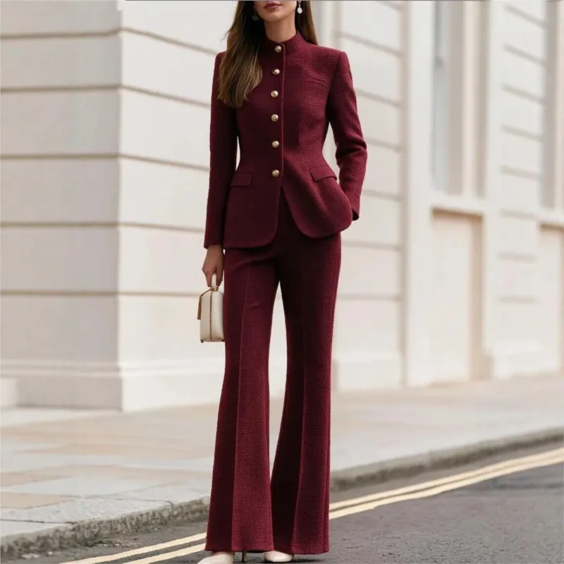 Women's Autumn Winter Suit Set New Stand Up Collar Golden Button Slim Fit Micro Pull Up Pants Blazer 2 Piece Sets OL Work Outfit