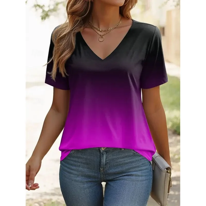 A stylish women's V-neck T-shirt featuring a playful gradient print; its simple, casual style makes it perfect for everyday wear