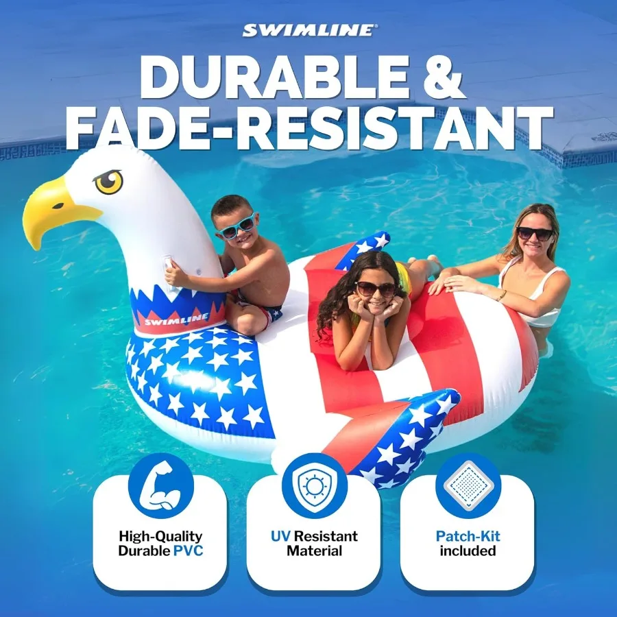 90700 Patriotic Americana Eagle Pool Float Oversized Ride-On Raft in Red White and Blue Stable Design for Summer Gathe
