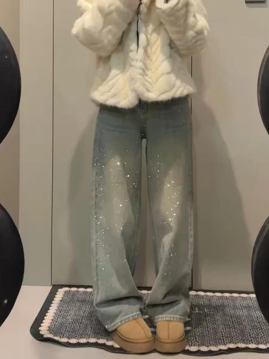 

Retro Large Size Rhinestone Denim Pants High Waist Straight Leg Wide Leg Jeans for Pear Shaped Women Spring Season