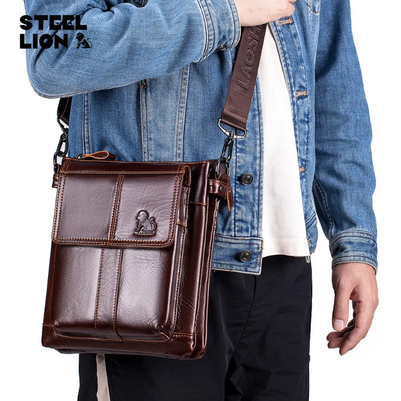 

Мужская сумка через плечо из натуральной кожи, сумка на одно плечо из воловьей кожи с верхним слоем, многофункциональная сумка через плечо большой вместимости в стиле ретро