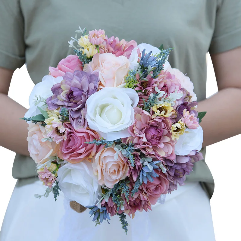 

Yannew Boho Wedding Bouquets for Bride Dusty Rose Blue Vintage Artificial Rose Round Bridal Bouquet Wedding Ceremony Party Decor