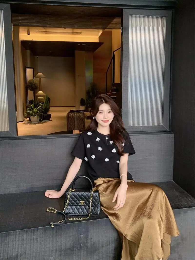 

RREPEAT Summer round Neck Short Sleeve T-Shirt Floral 3D Shoulder Breathable Cotton Versatile Comfortable Commute Style
