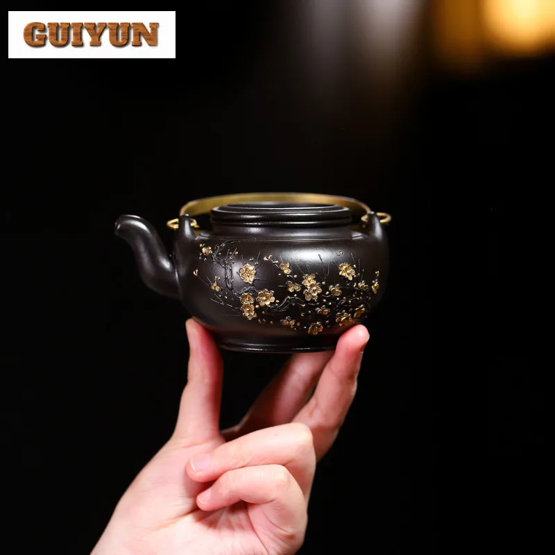 

200ml Yixing Purple Clay Teapots Handmade Lifting Handle Pot Raw Ore Reducing Roasting Mud Kettle With Strainer Zisha Tea Set