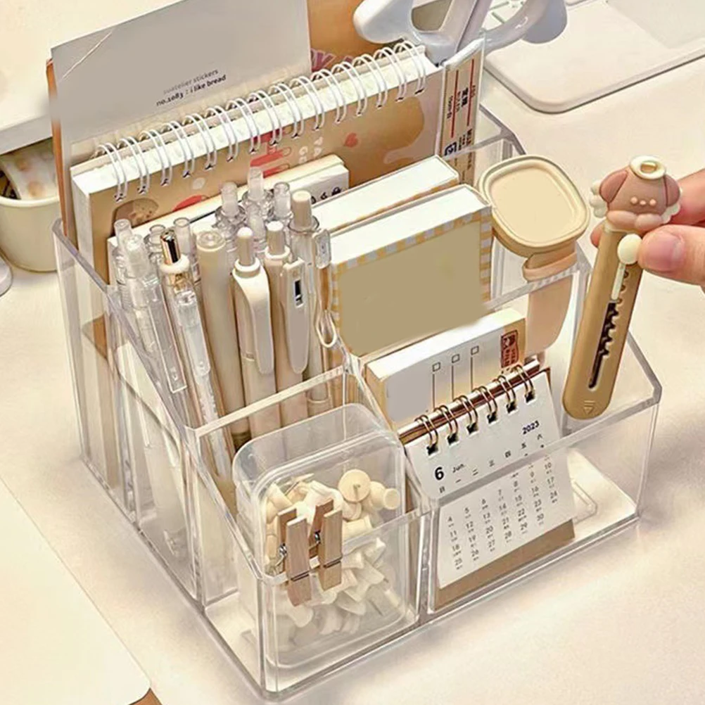 

Transparent Table Storage Box Multi-Grid Pen Holder Organizer Desktop Sundries Box Remote Control Holder Brush Case