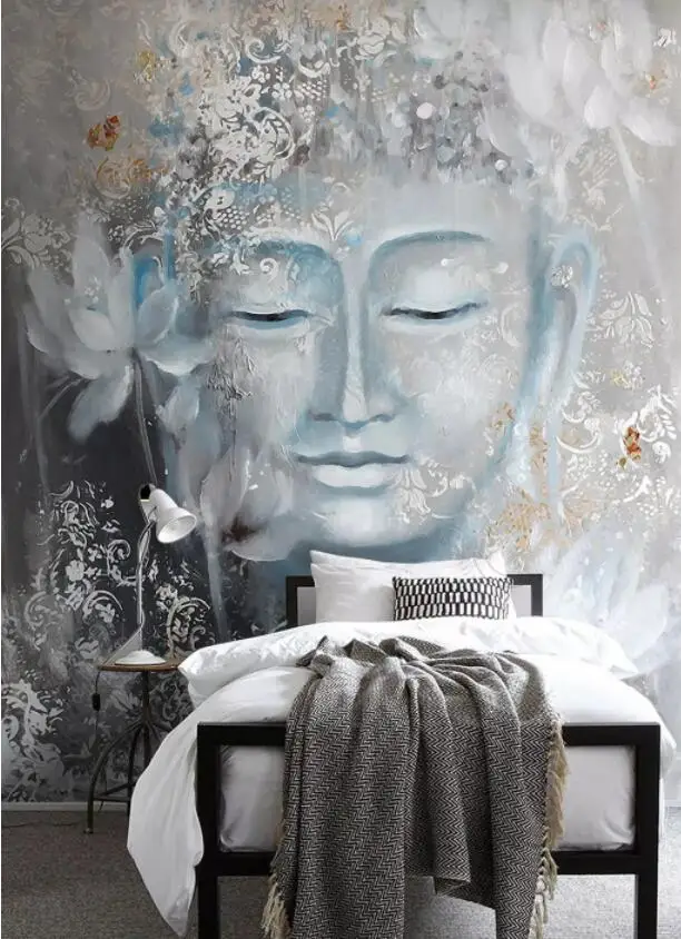 Customized products hand-painted mural wallpaper nostalgic Buddha Buddha lotus porch decoration living room TV backdrop wall 8d