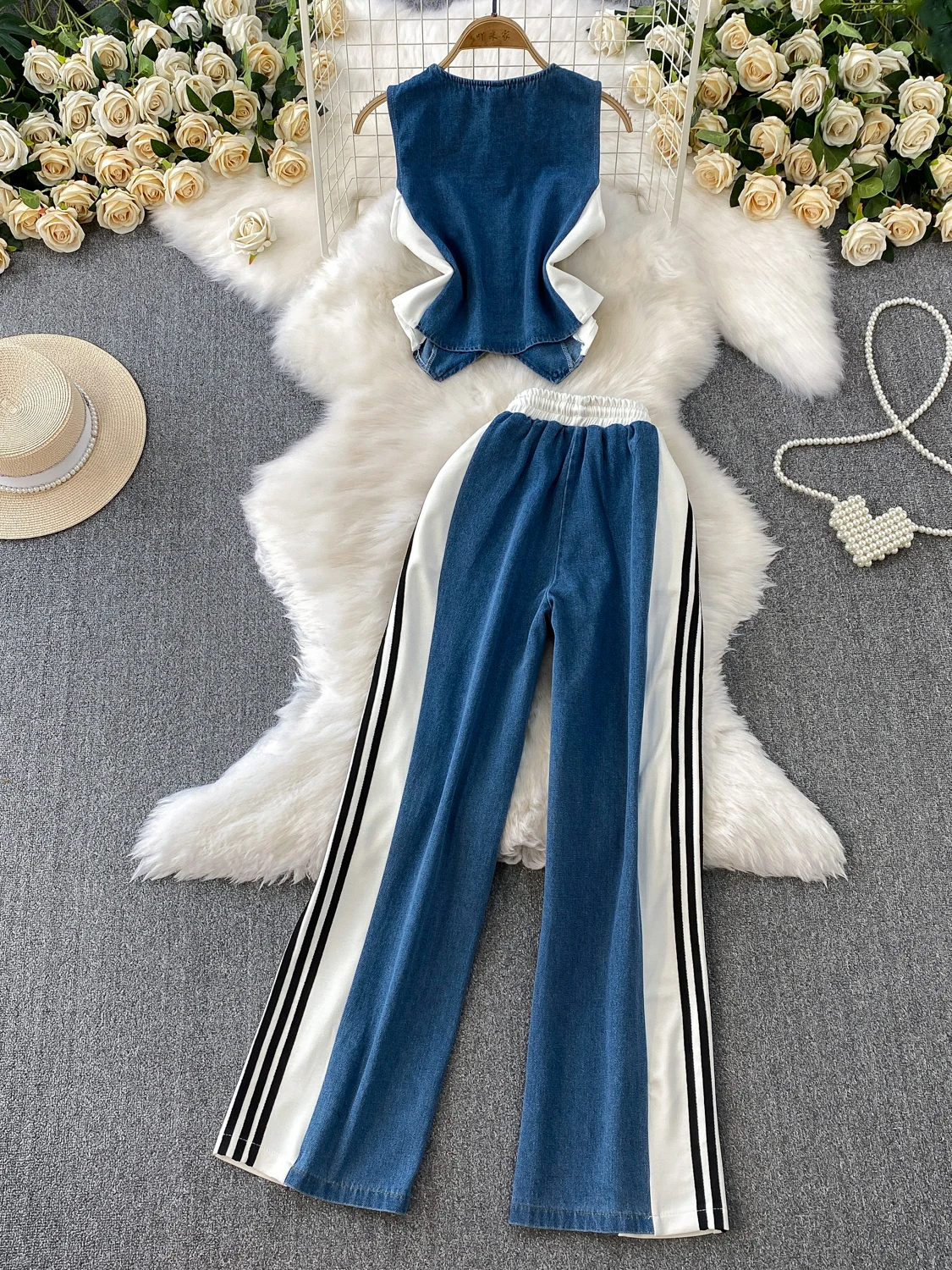 

Американский ретро жилет на одной пуговице с V-образным вырезом + цветные блузки, джинсы, широкие брюки, комплект из двух предметов, модный женский...