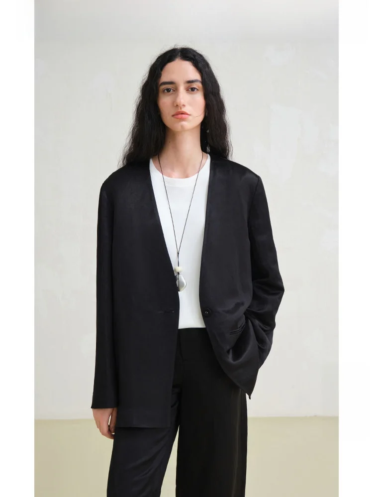 

Travel Original 270g Linen Blend ex Jaet mat Faion Outerwear Bla Women's Spring Season Casual Sle Loose Fit