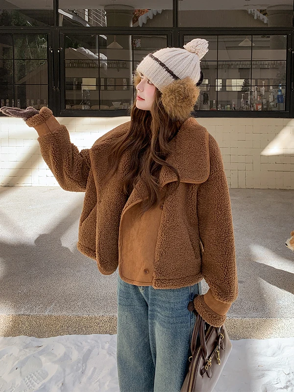 Thiened ort Lamb Fur Jaet Women's Stand Collar Leather And Fur Inteated Autumn And Winter New Sle Small Size Warm Top