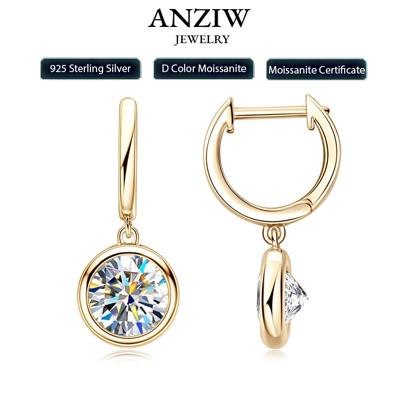 

Anziw 2023, трендовые женские золотые серьги-кольца, натуральное серебро 925 пробы, 1 карат, 2 карата, серьги-капли с муассанитом, свадебные украшения с сертификатом