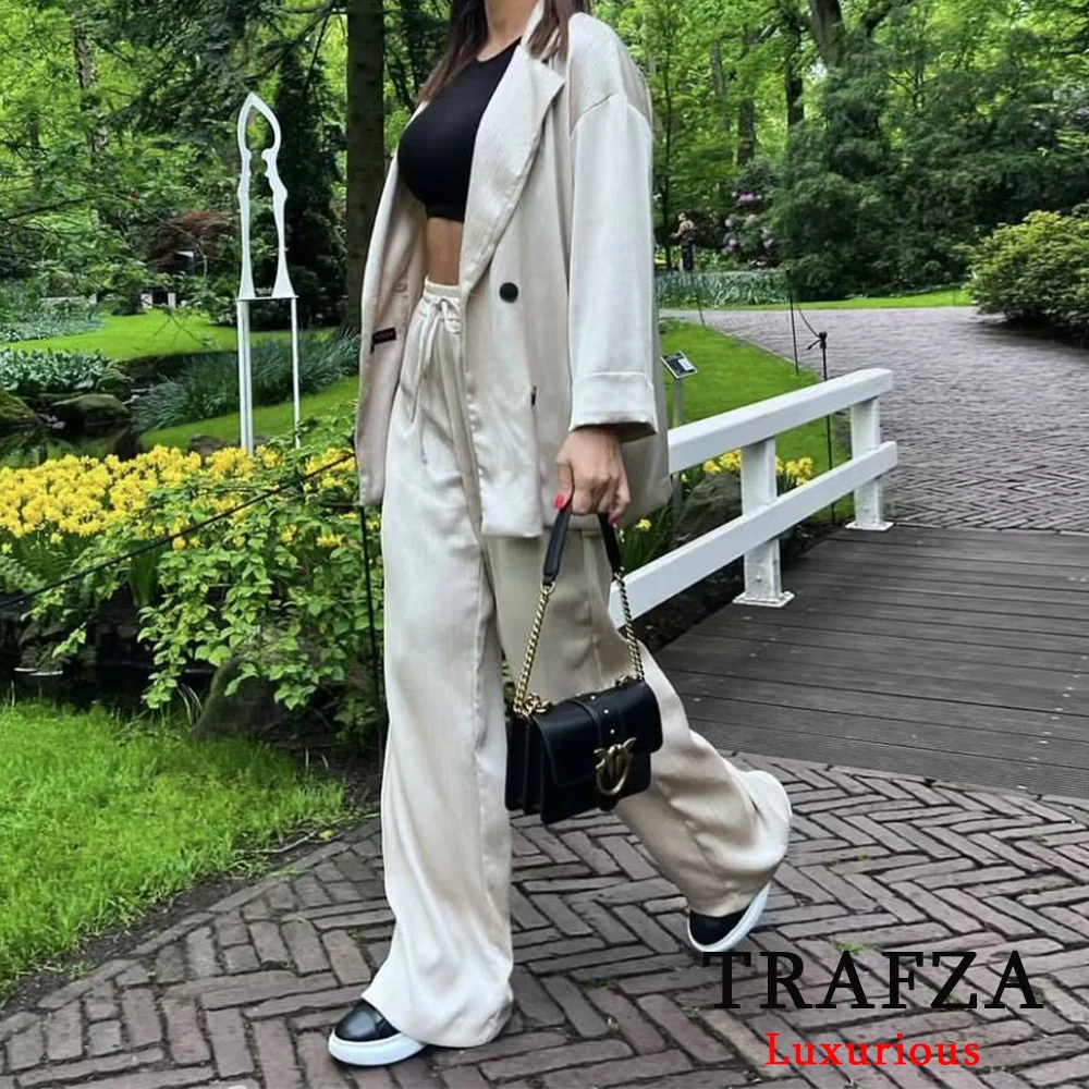 TRAFZA Casual Beige Shiny Women Blazer Suits V Neck Double Buttons Loose Blazer+High Waist Wide Leg Pants Fashion 2024 Suits