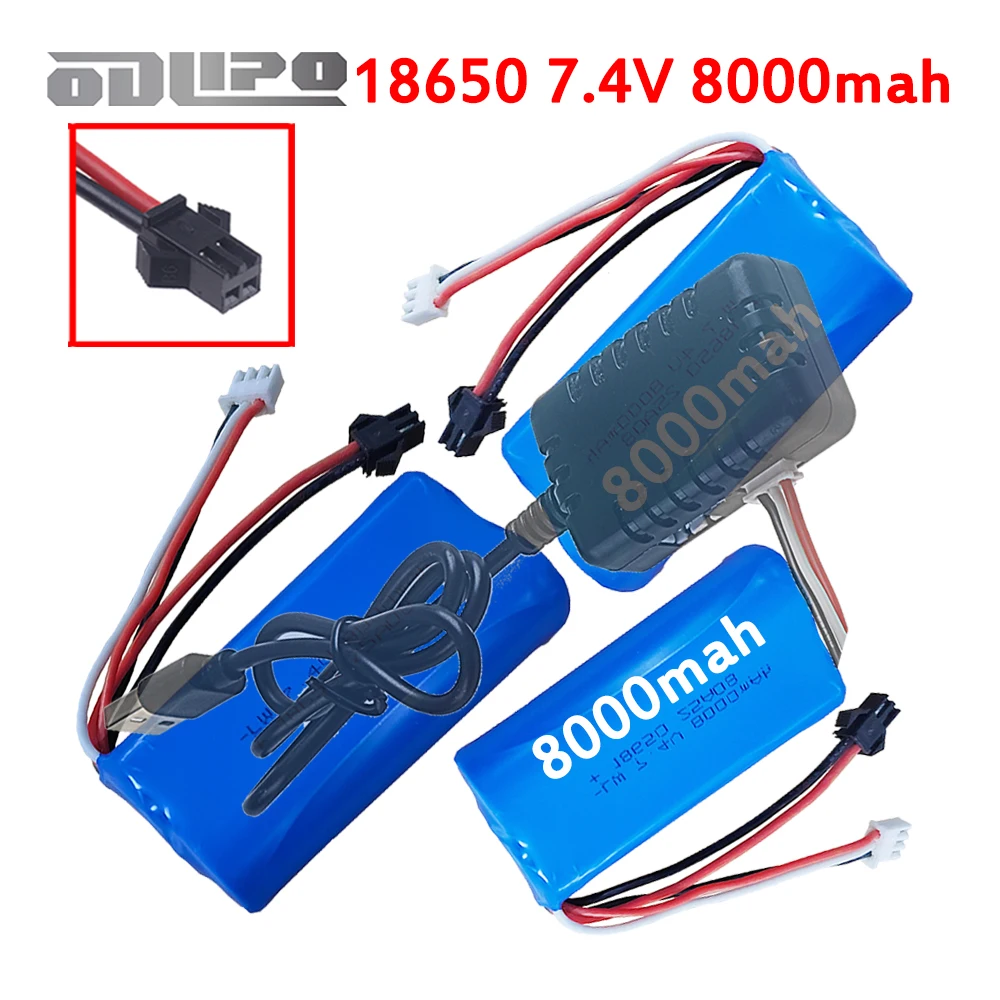 7,4V 8000mAh SM-2P Stecker Upgrade Li-Ionen-Akku mit USB-Ladegerät für WPL MN99S D90 U12A S033g H101 Ferngesteuertes Auto, 2S 18650